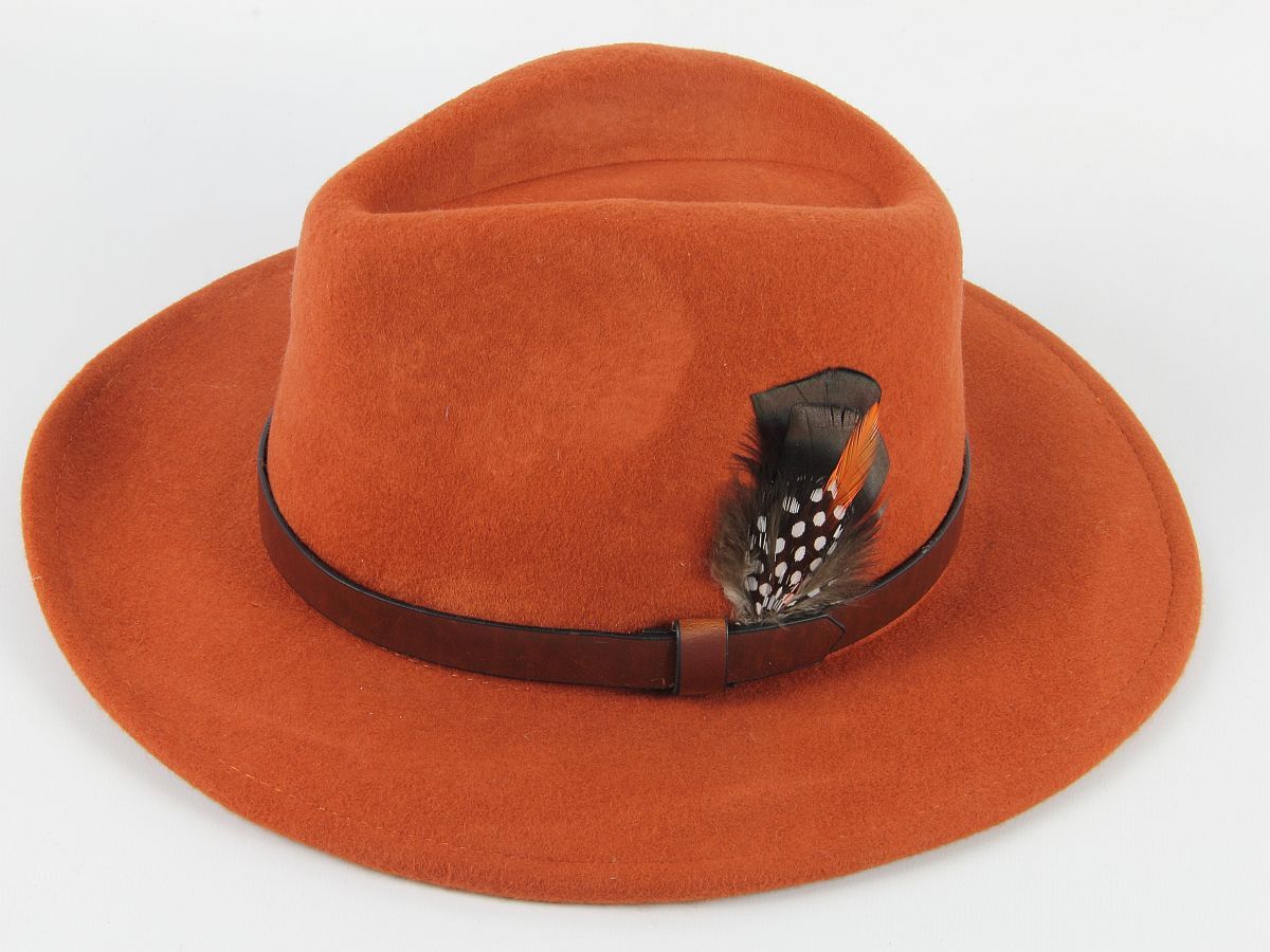 Fedora 100 wool country hat with feather hat mount choice.