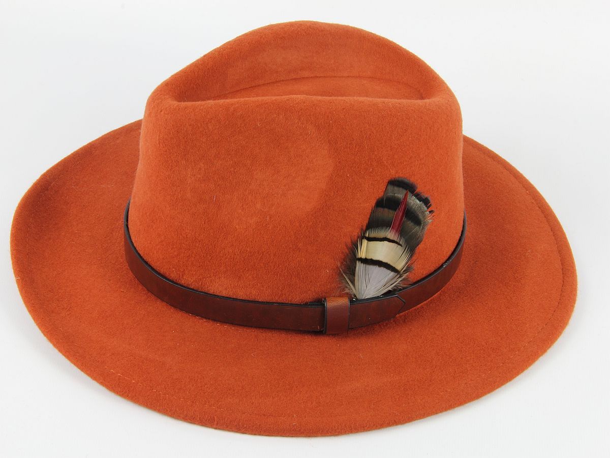 Fedora 100 wool country hat with feather hat mount choice.