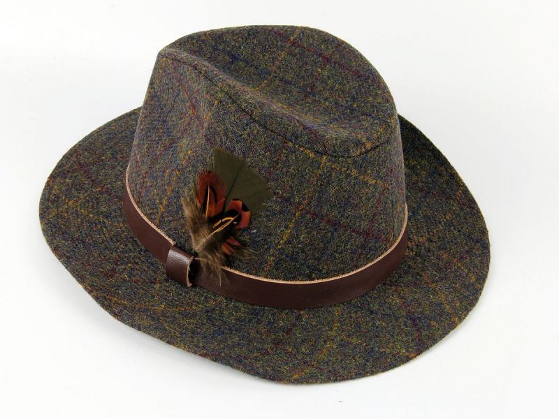 Tweed Fedora country hat with choice of feather hat mount.
