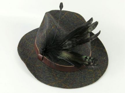 Green Tweed Fedora Hat with Feather Mount