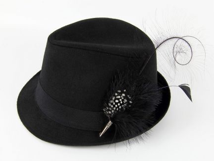Black Trilby Hat with Feather Brooch
